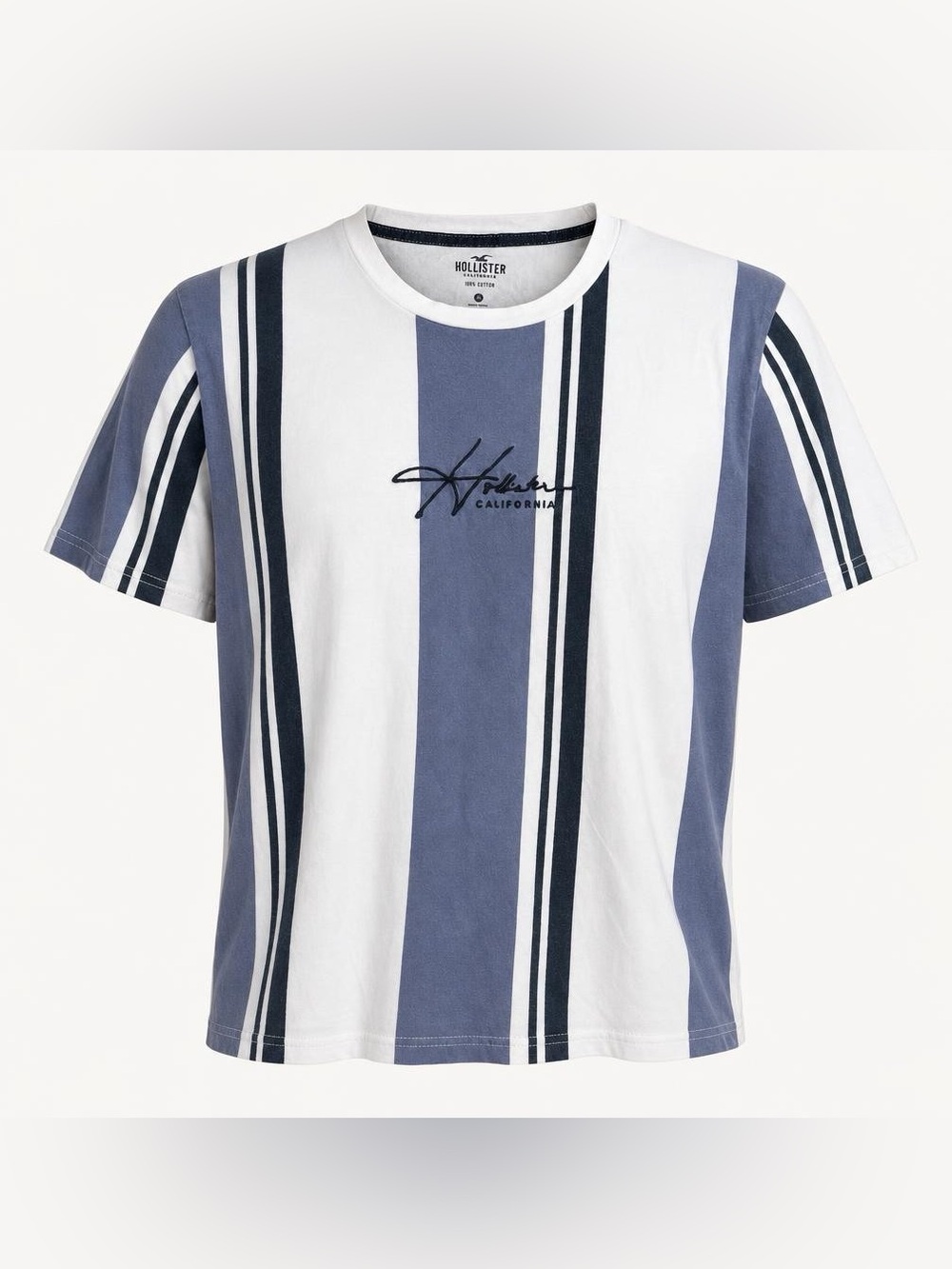 Hollister California Striped Graphic T-Shirt Blue White Black 100% Cotton Crew
